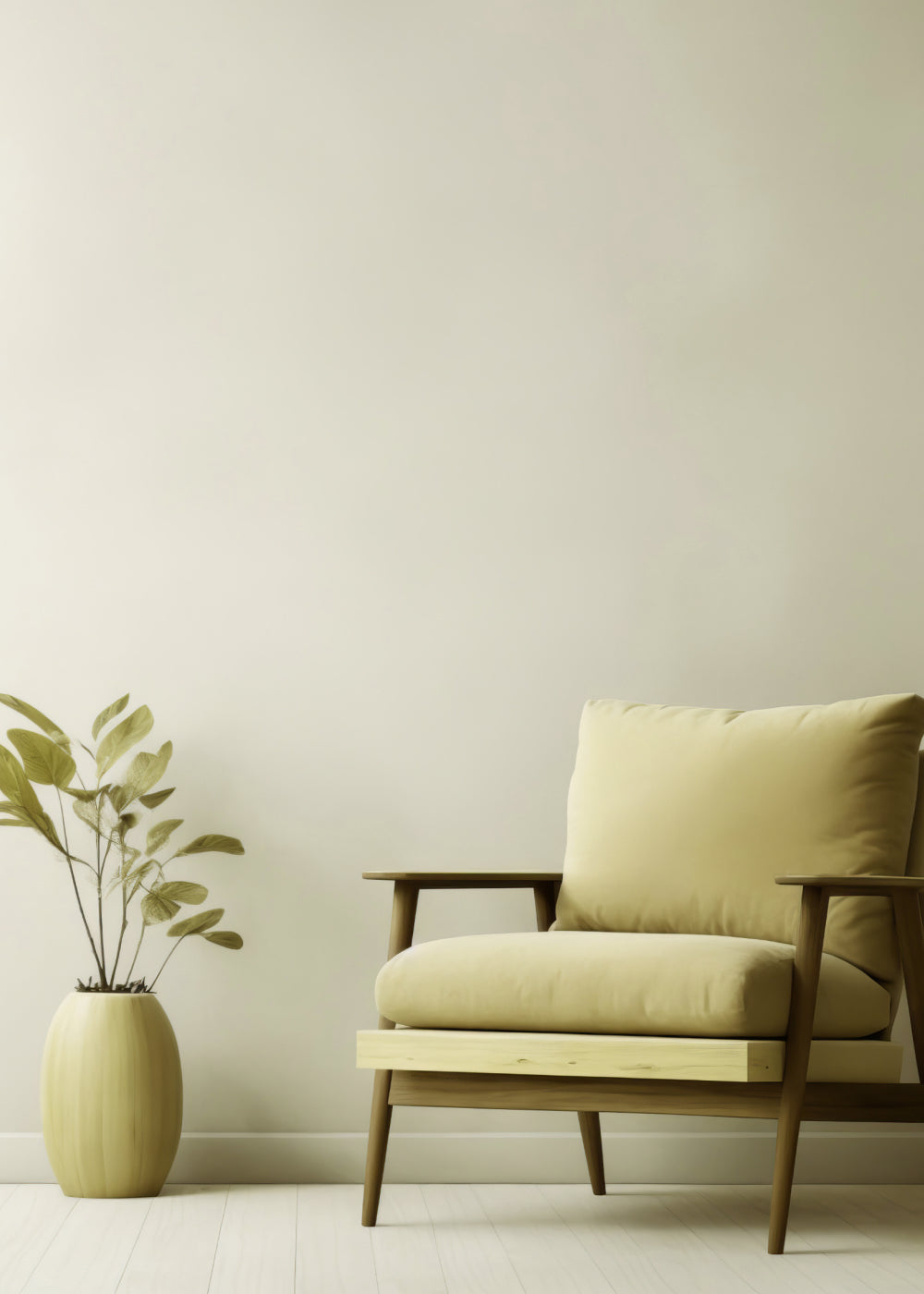 Yellow armchair and plant against a plain wall