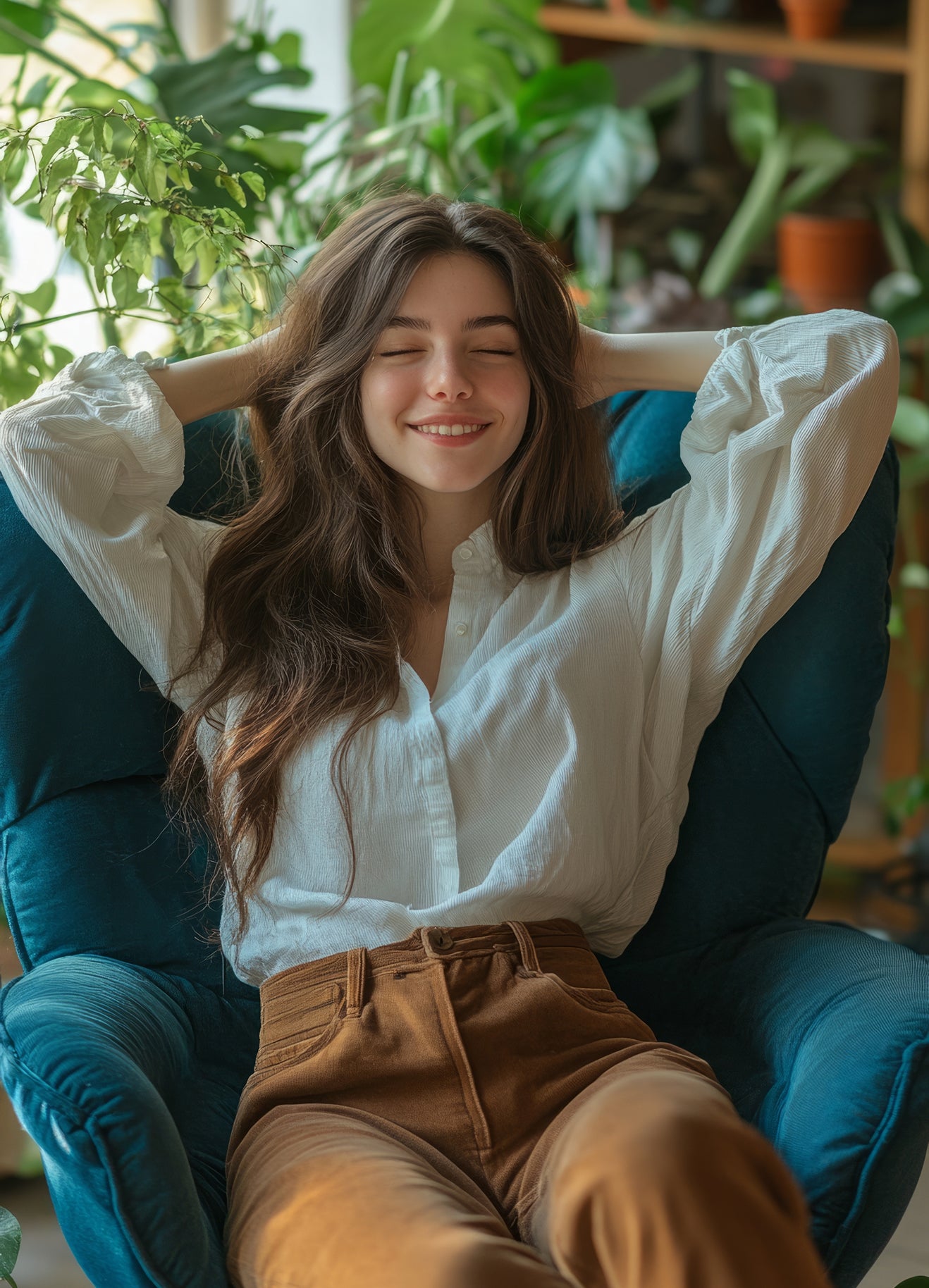 Woman sitting in a blue chair with plants in the background