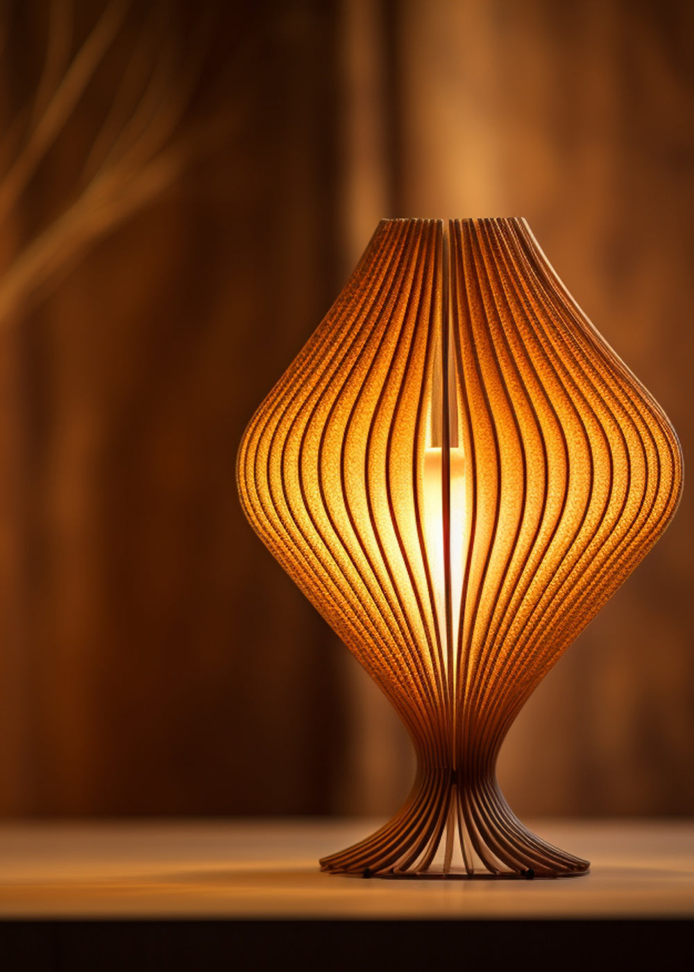 Wooden lamp with a warm glow on a wooden surface